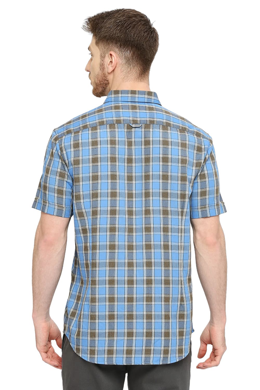 BASICS SLIM FIT POLYESTER VISCOSE CHECKS HALFSLEEVES SHIRT