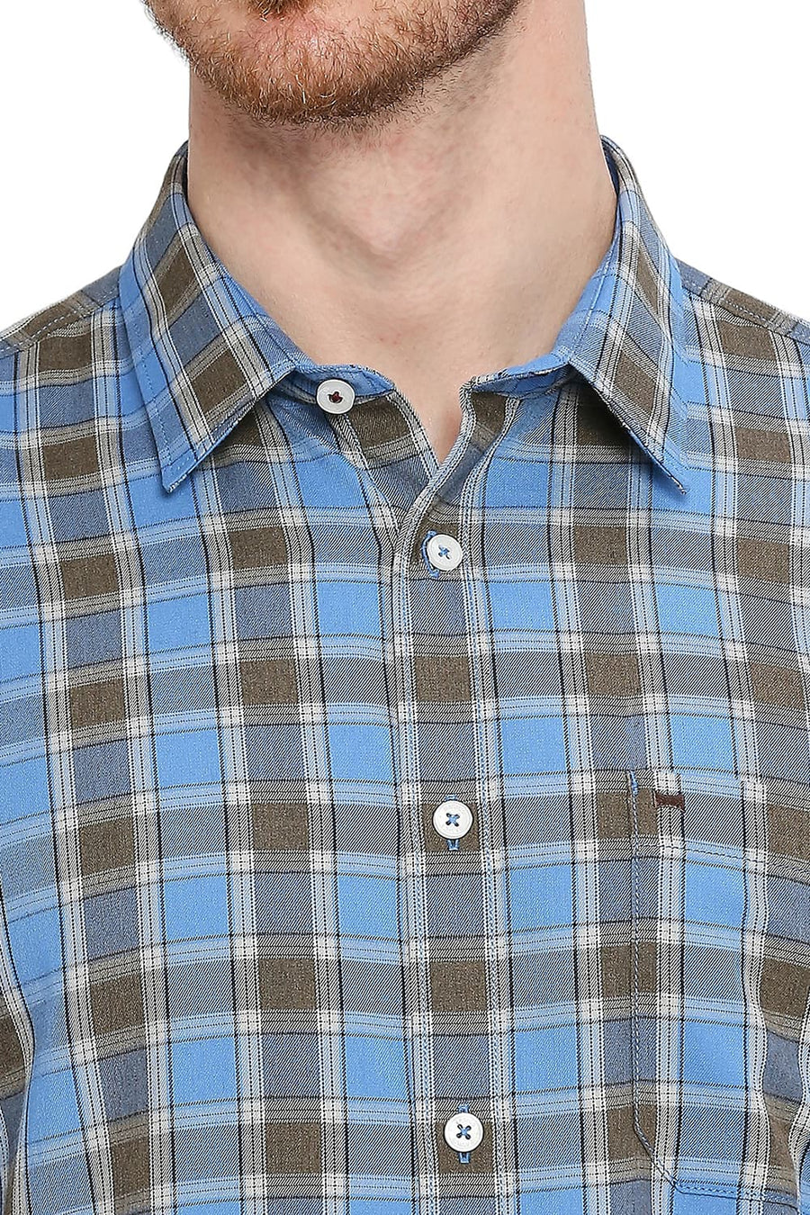 BASICS SLIM FIT COBALT BLUE POLYESTER VISCOSE MELANGE CHECKS SHIRT