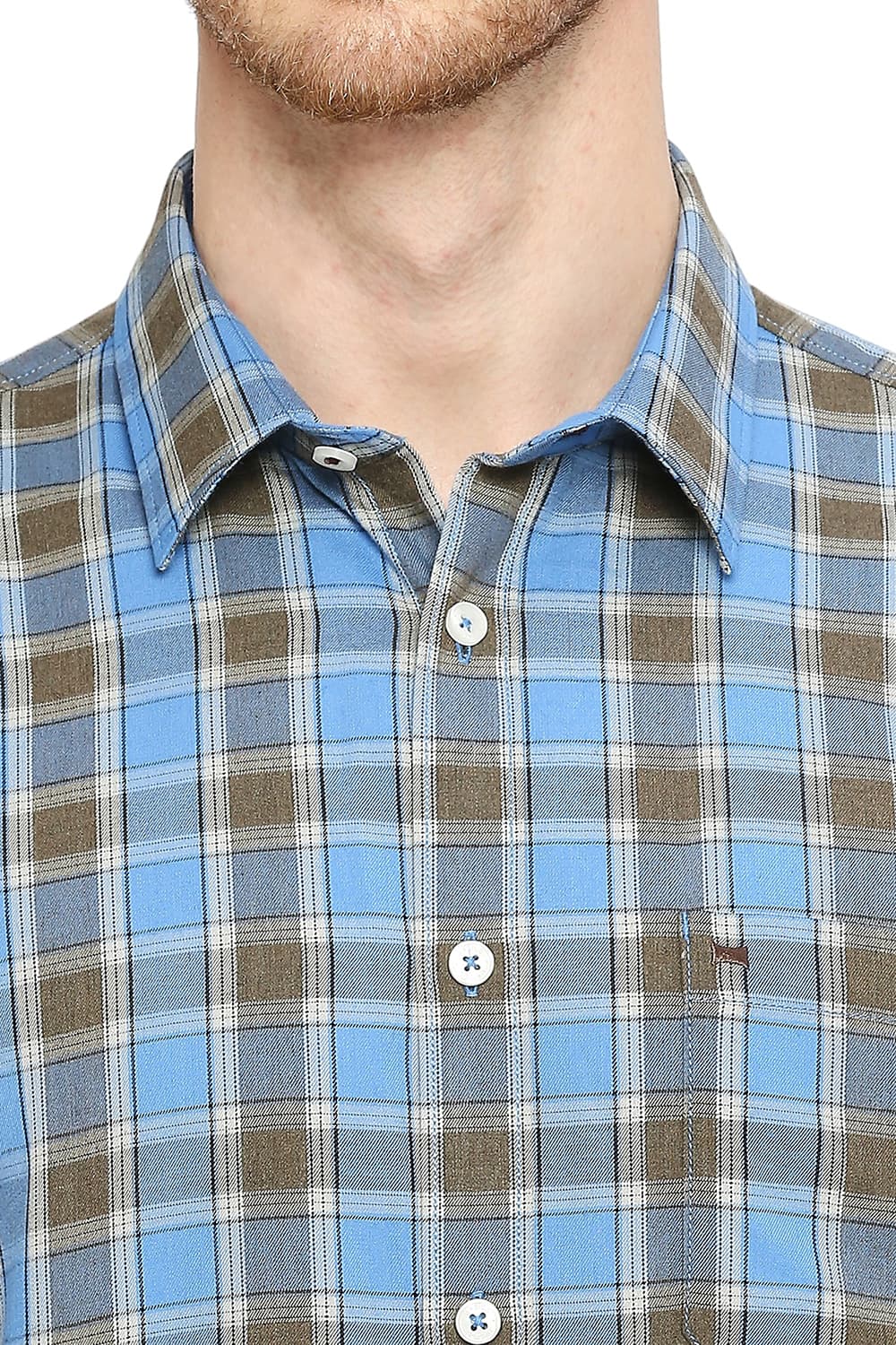 BASICS SLIM FIT POLYESTER VISCOSE CHECKS HALFSLEEVES SHIRT