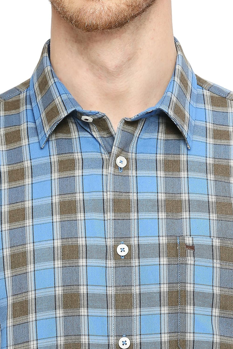 BASICS SLIM FIT POLYESTER VISCOSE CHECKS HALFSLEEVES SHIRT