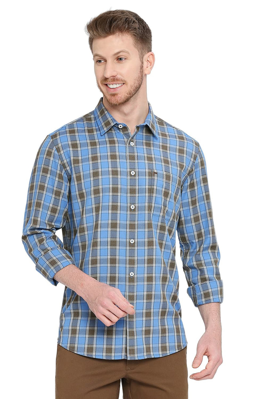 BASICS SLIM FIT COBALT BLUE POLYESTER VISCOSE MELANGE CHECKS SHIRT