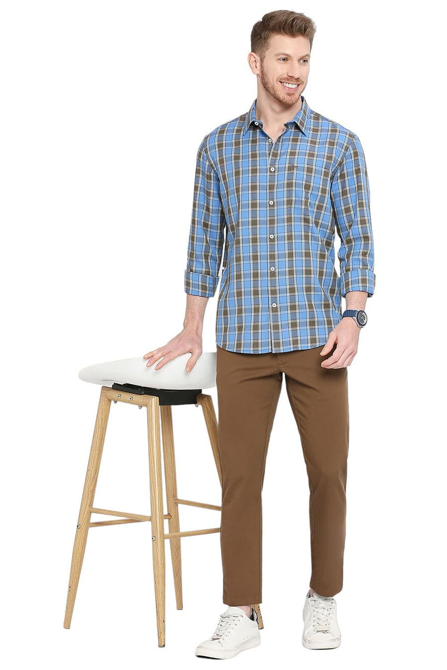 BASICS SLIM FIT COBALT BLUE POLYESTER VISCOSE MELANGE CHECKS SHIRT