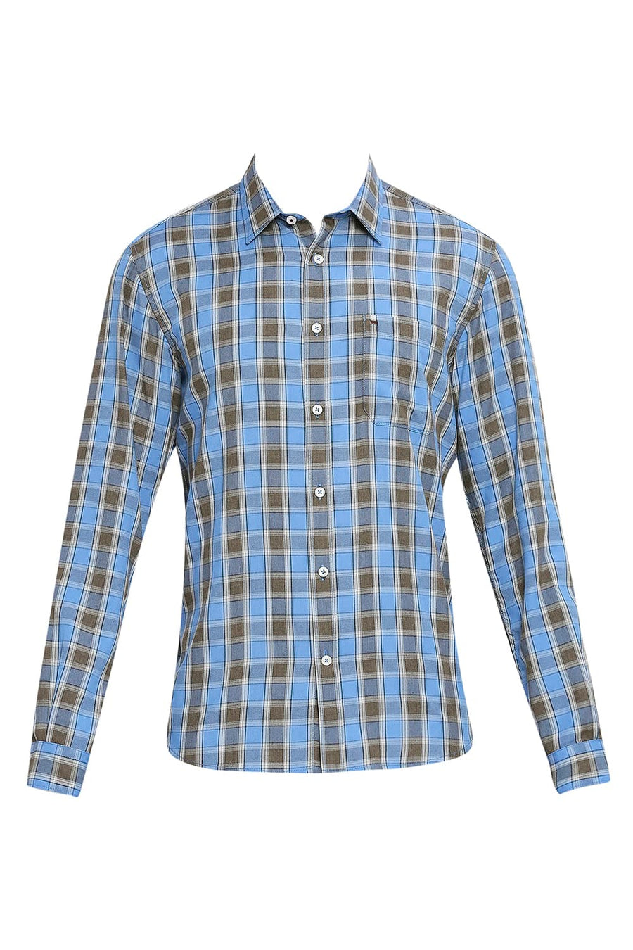 BASICS SLIM FIT COBALT BLUE POLYESTER VISCOSE MELANGE CHECKS SHIRT