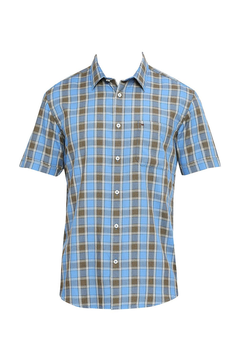 BASICS SLIM FIT POLYESTER VISCOSE CHECKS HALFSLEEVES SHIRT