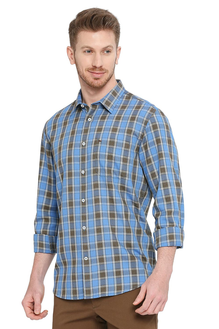 BASICS SLIM FIT COBALT BLUE POLYESTER VISCOSE MELANGE CHECKS SHIRT