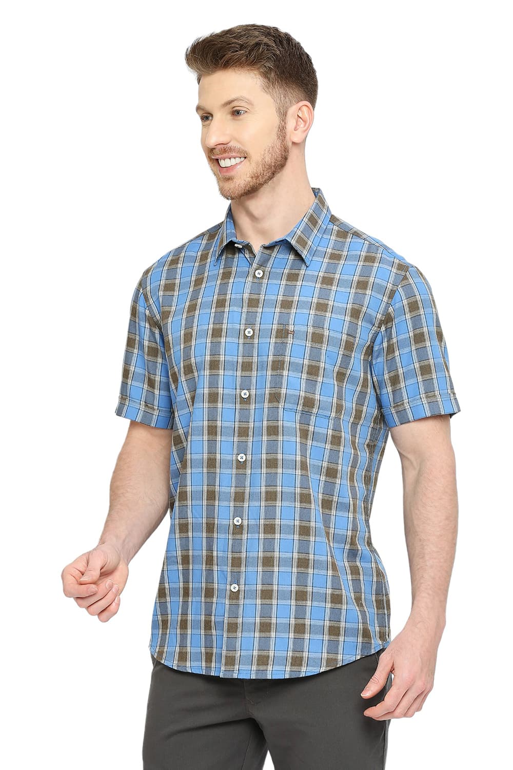 BASICS SLIM FIT POLYESTER VISCOSE CHECKS HALFSLEEVES SHIRT