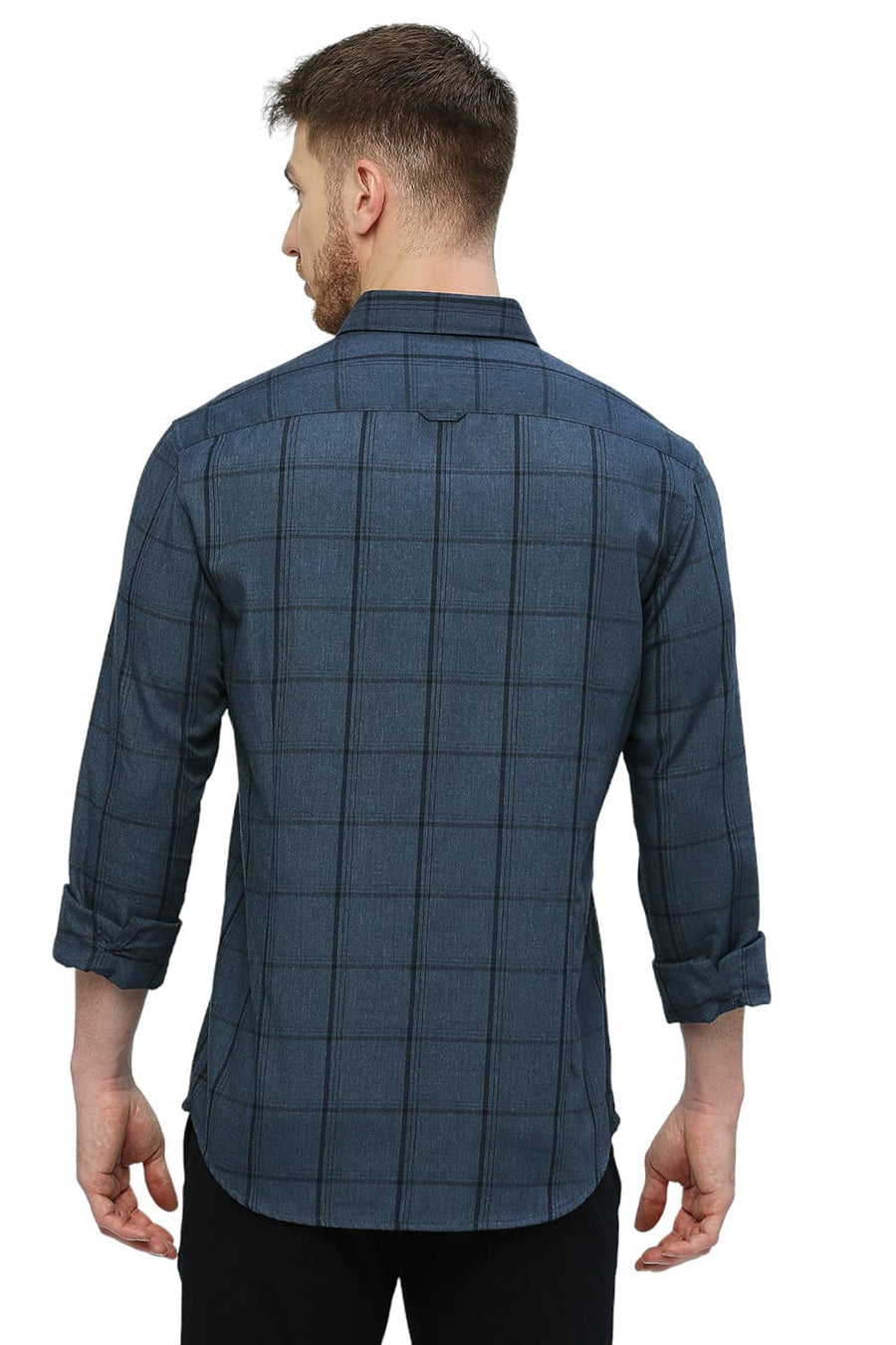 BASICS SLIM FIT VINTAGE INDIGO BLUE POLYESTER VISCOSE MELANGE CHECKS SHIRT