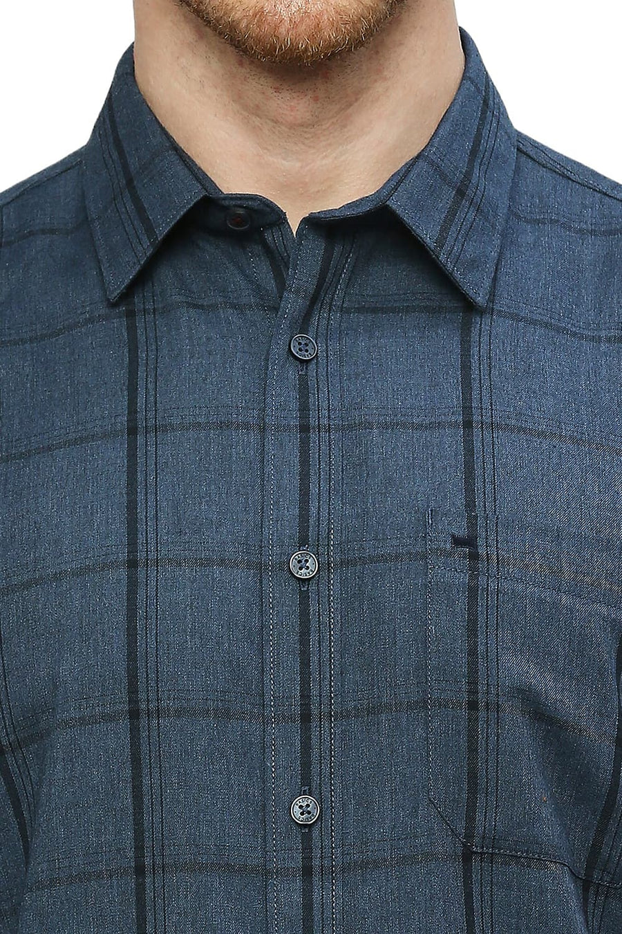 BASICS SLIM FIT VINTAGE INDIGO BLUE POLYESTER VISCOSE MELANGE CHECKS SHIRT
