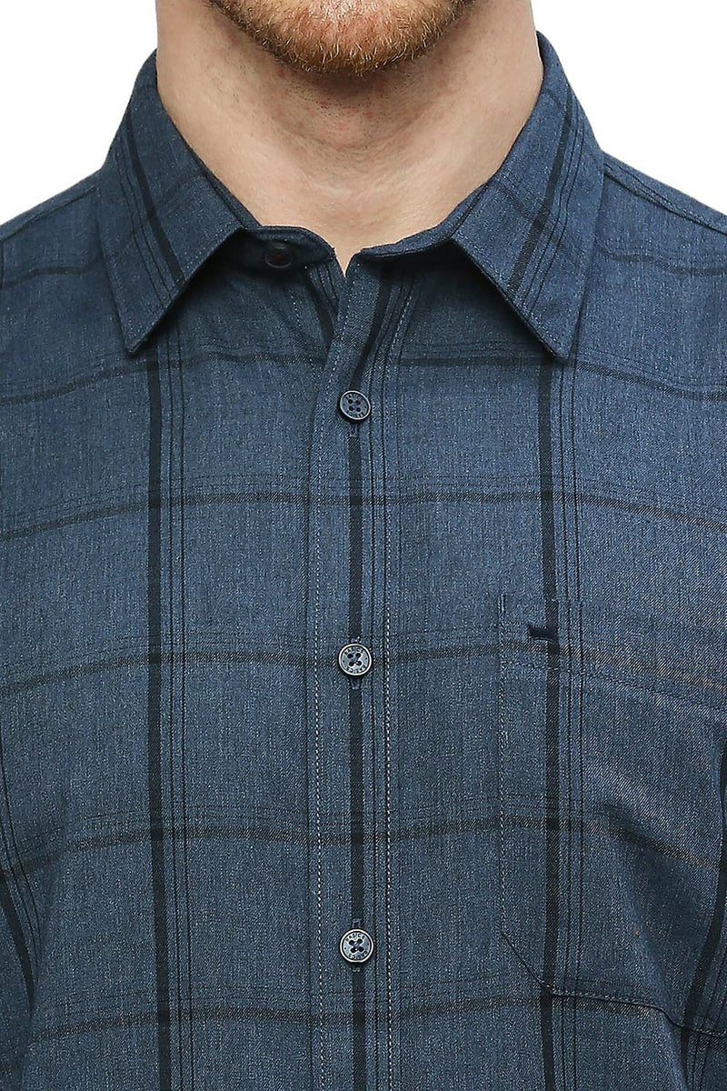 BASICS SLIM FIT POLYESTER VISCOSE MELANGE CHECKS SHIRT