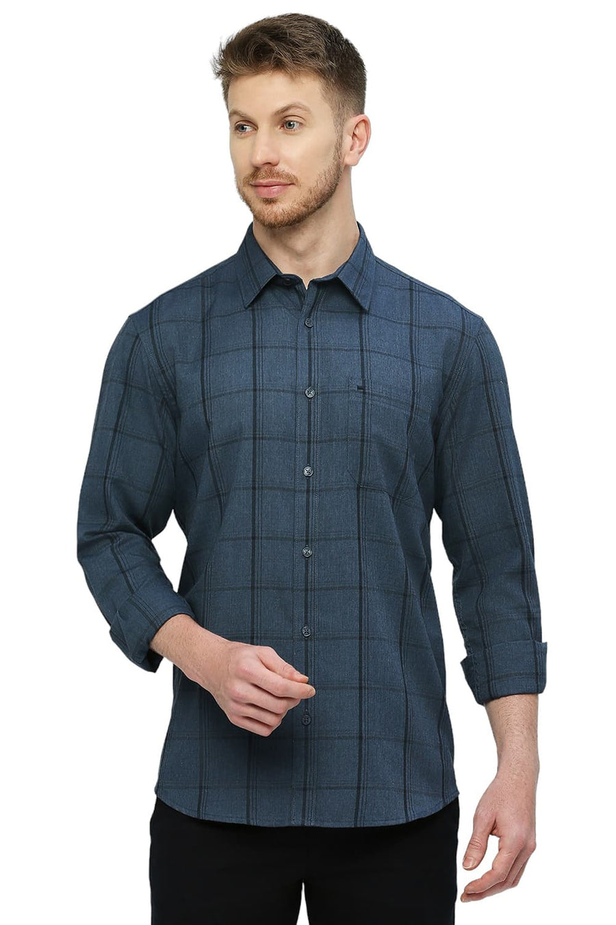 BASICS SLIM FIT VINTAGE INDIGO BLUE POLYESTER VISCOSE MELANGE CHECKS SHIRT