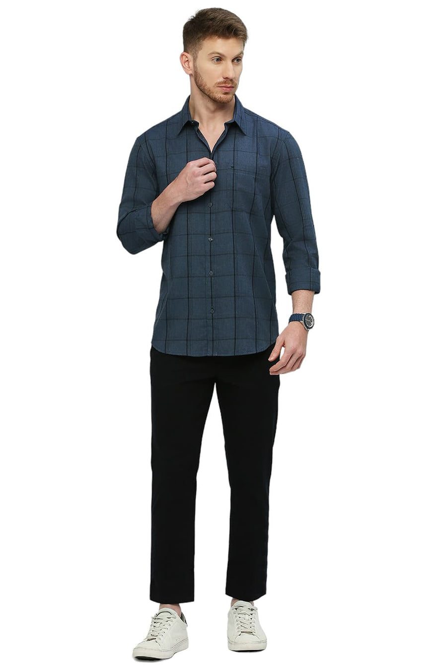 BASICS SLIM FIT VINTAGE INDIGO BLUE POLYESTER VISCOSE MELANGE CHECKS SHIRT