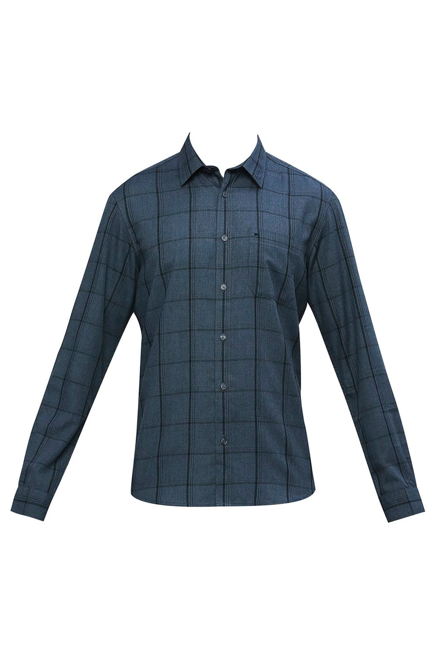 BASICS SLIM FIT VINTAGE INDIGO BLUE POLYESTER VISCOSE MELANGE CHECKS SHIRT