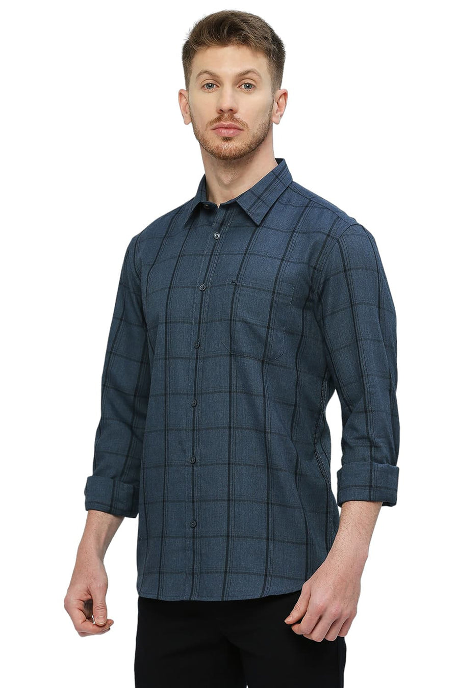 BASICS SLIM FIT VINTAGE INDIGO BLUE POLYESTER VISCOSE MELANGE CHECKS SHIRT