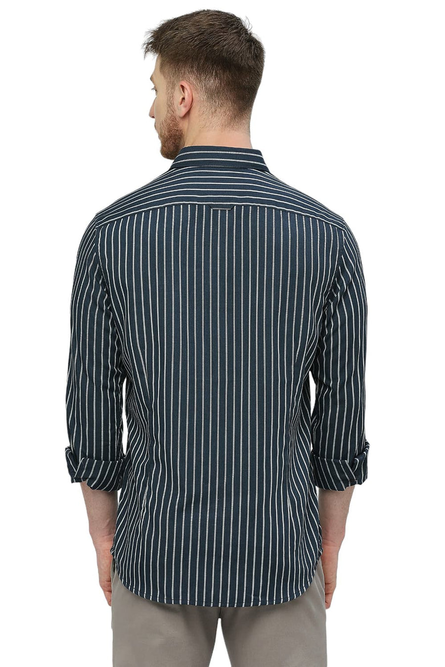 BASICS SLIM FIT SET SAIL BLUE POLYESTER VISCOSE MELANGE STRIPE SHIRT