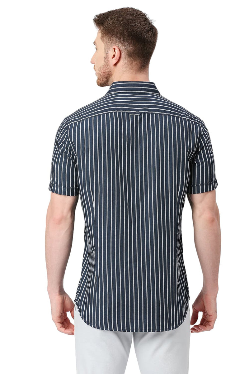 BASICS SLIM FIT POLYESTER VISCOSE STRIPE HALFSLEEVES SHIRT