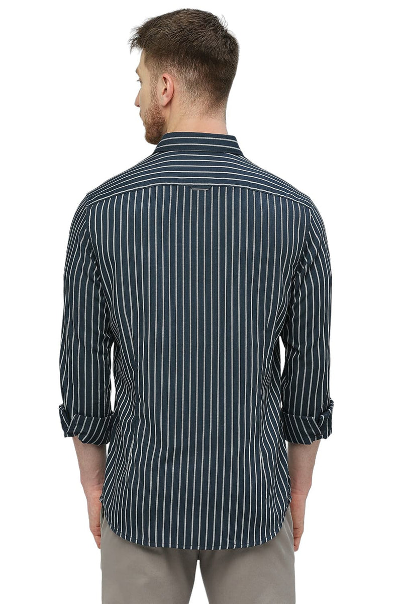 BASICS SLIM FIT POLYESTER VISCOSE STRIPE SHIRT