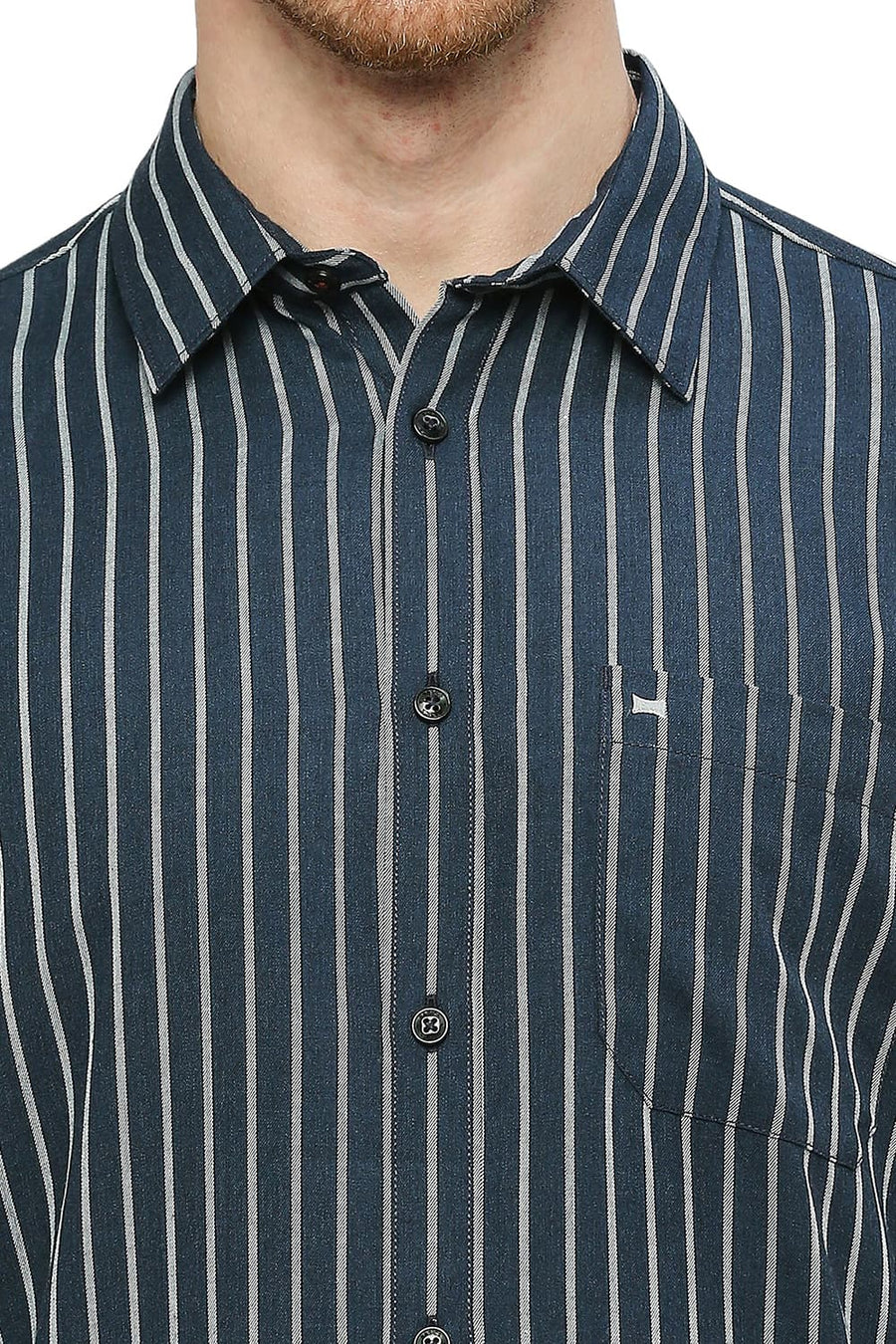 BASICS SLIM FIT SET SAIL BLUE POLYESTER VISCOSE MELANGE STRIPE SHIRT