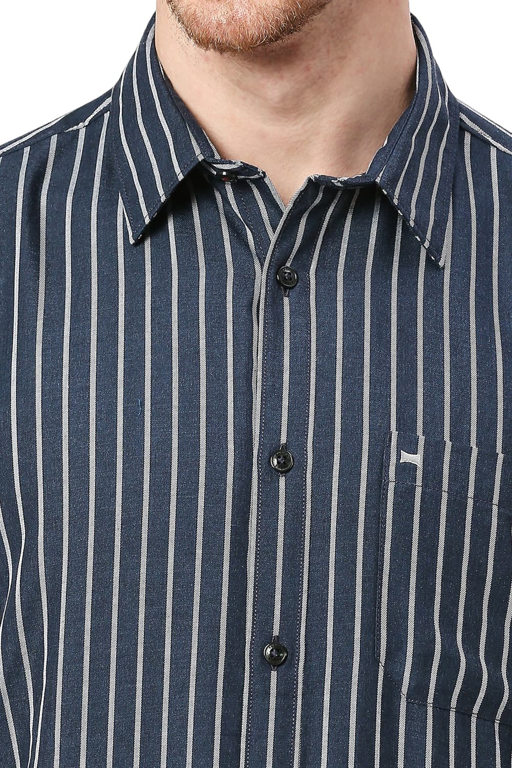 BASICS SLIM FIT POLYESTER VISCOSE STRIPE HALFSLEEVES SHIRT