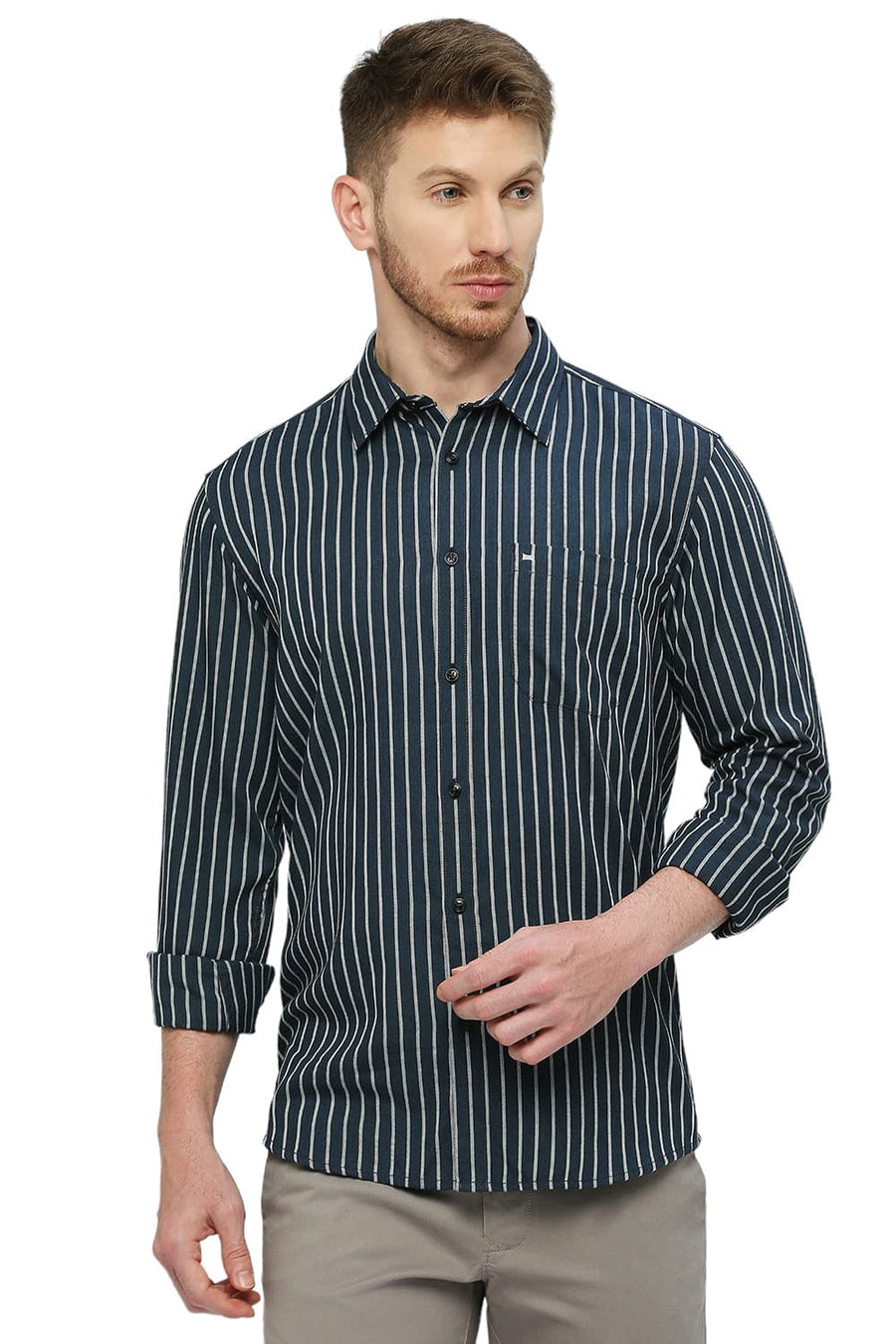 BASICS SLIM FIT SET SAIL BLUE POLYESTER VISCOSE MELANGE STRIPE SHIRT