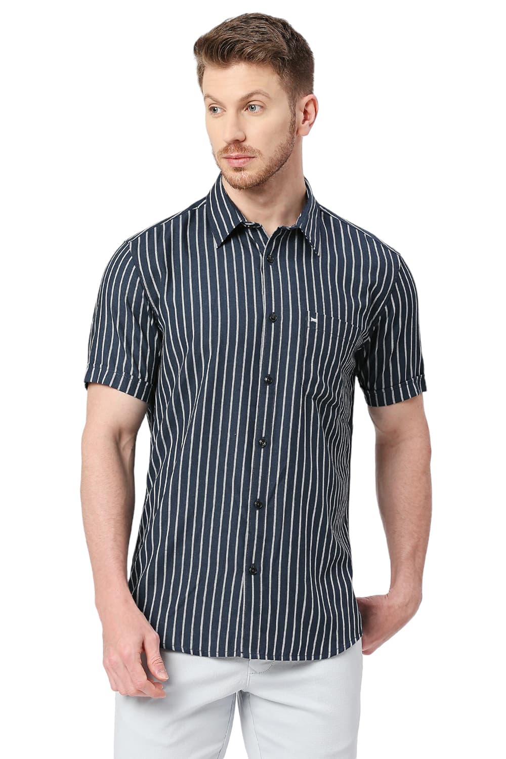 BASICS SLIM FIT POLYESTER VISCOSE STRIPE SHIRT