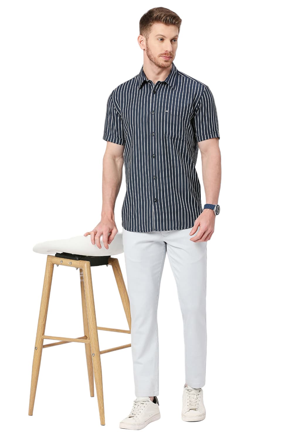 BASICS SLIM FIT POLYESTER VISCOSE STRIPE HALFSLEEVES SHIRT