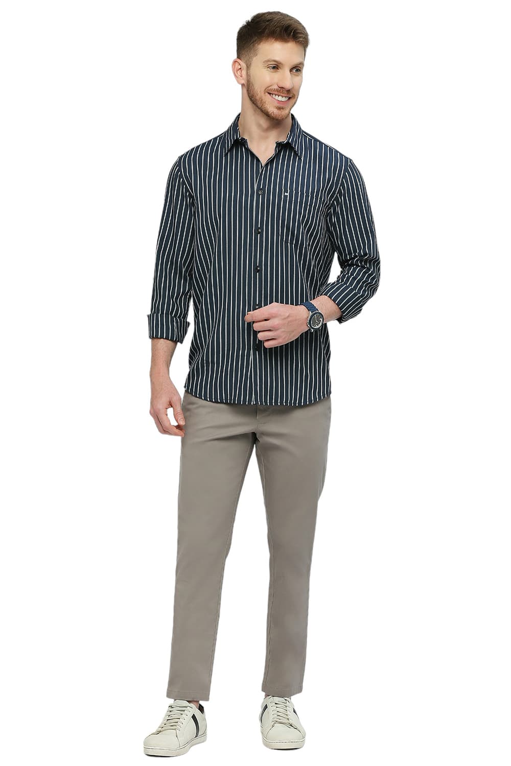 BASICS SLIM FIT POLYESTER VISCOSE STRIPE SHIRT