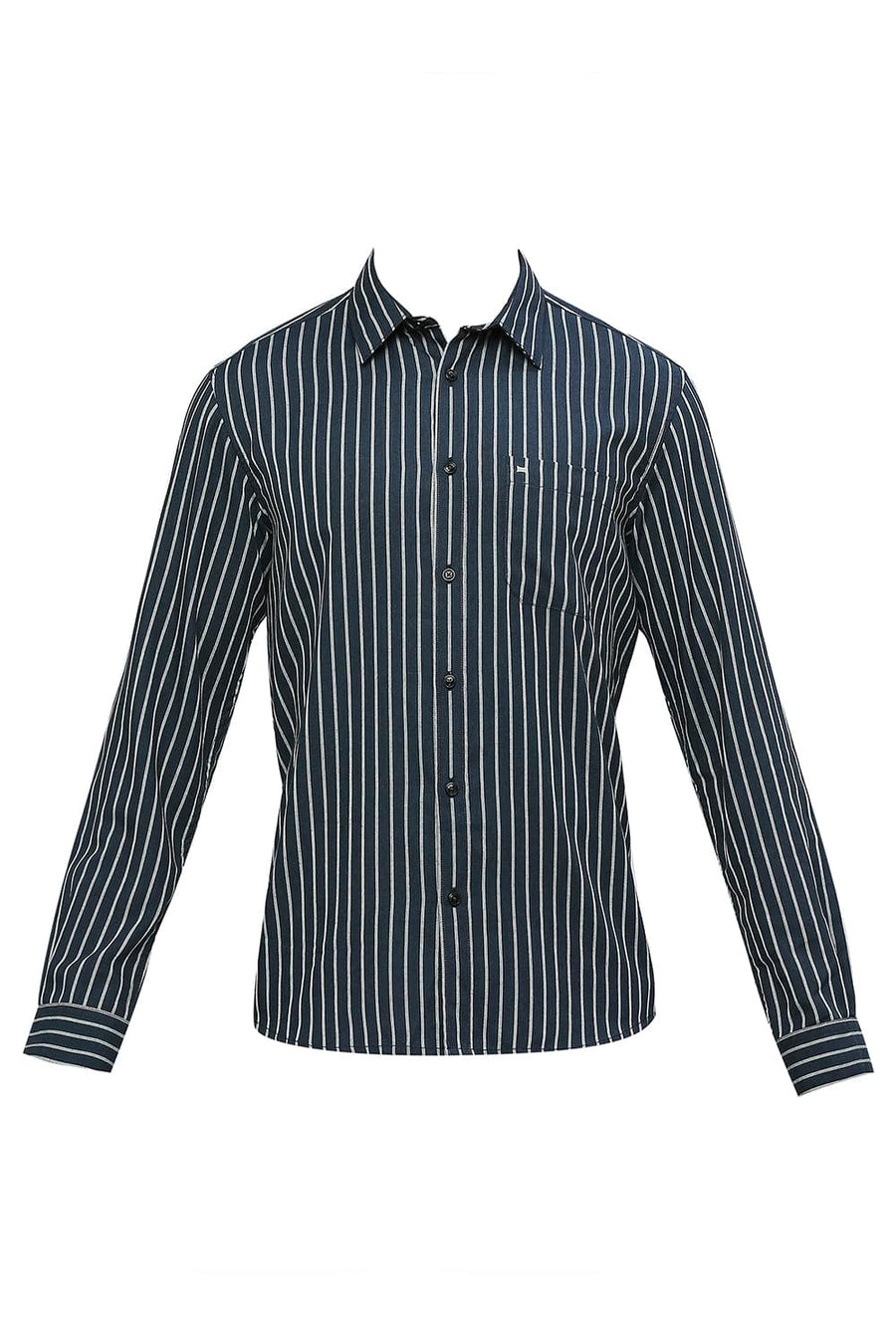 BASICS SLIM FIT SET SAIL BLUE POLYESTER VISCOSE MELANGE STRIPE SHIRT