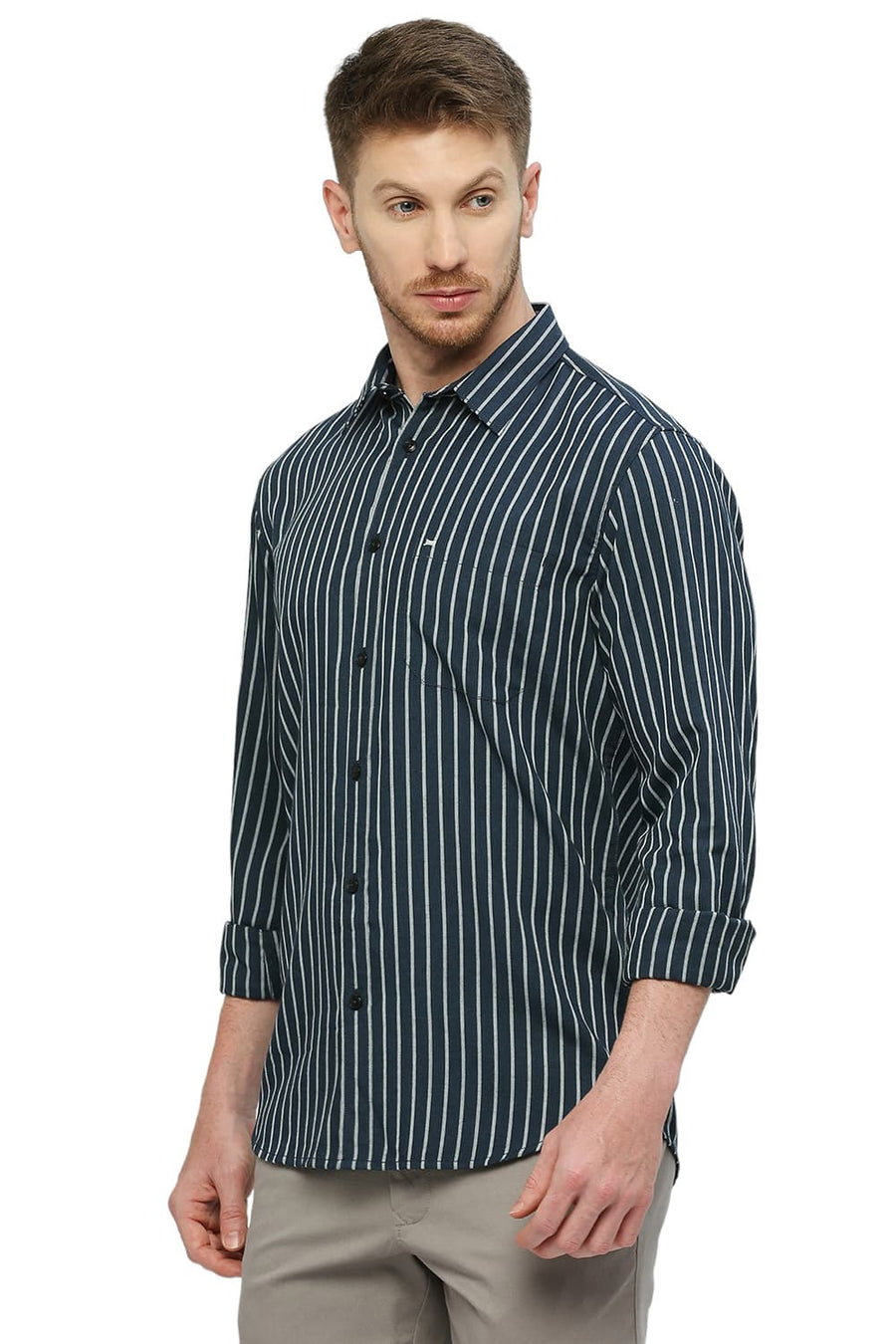 BASICS SLIM FIT SET SAIL BLUE POLYESTER VISCOSE MELANGE STRIPE SHIRT