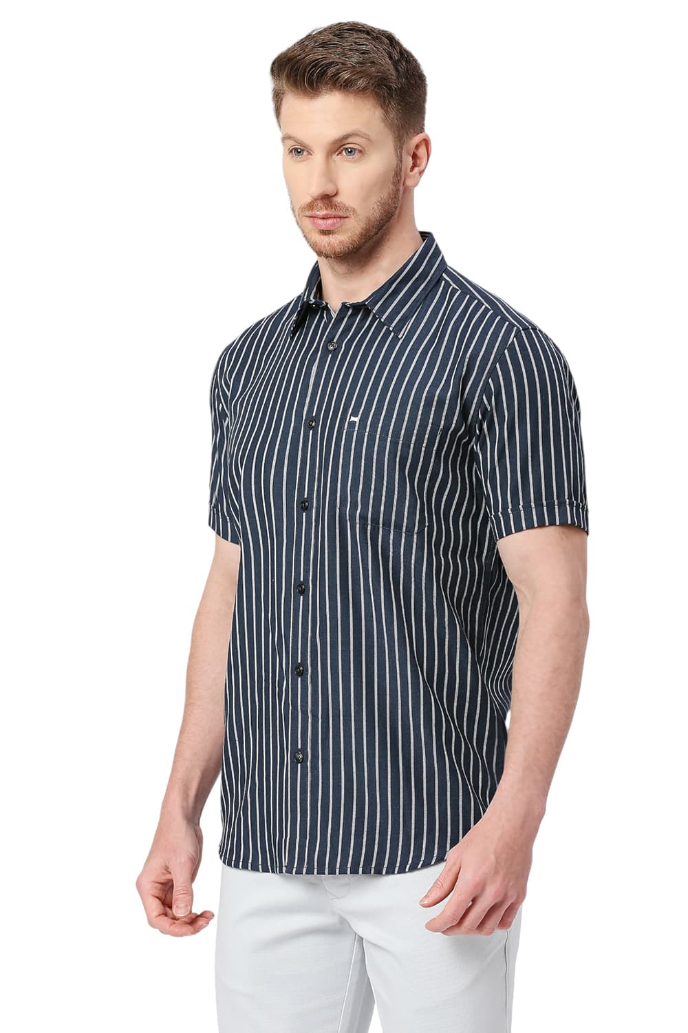 BASICS SLIM FIT POLYESTER VISCOSE STRIPE HALFSLEEVES SHIRT