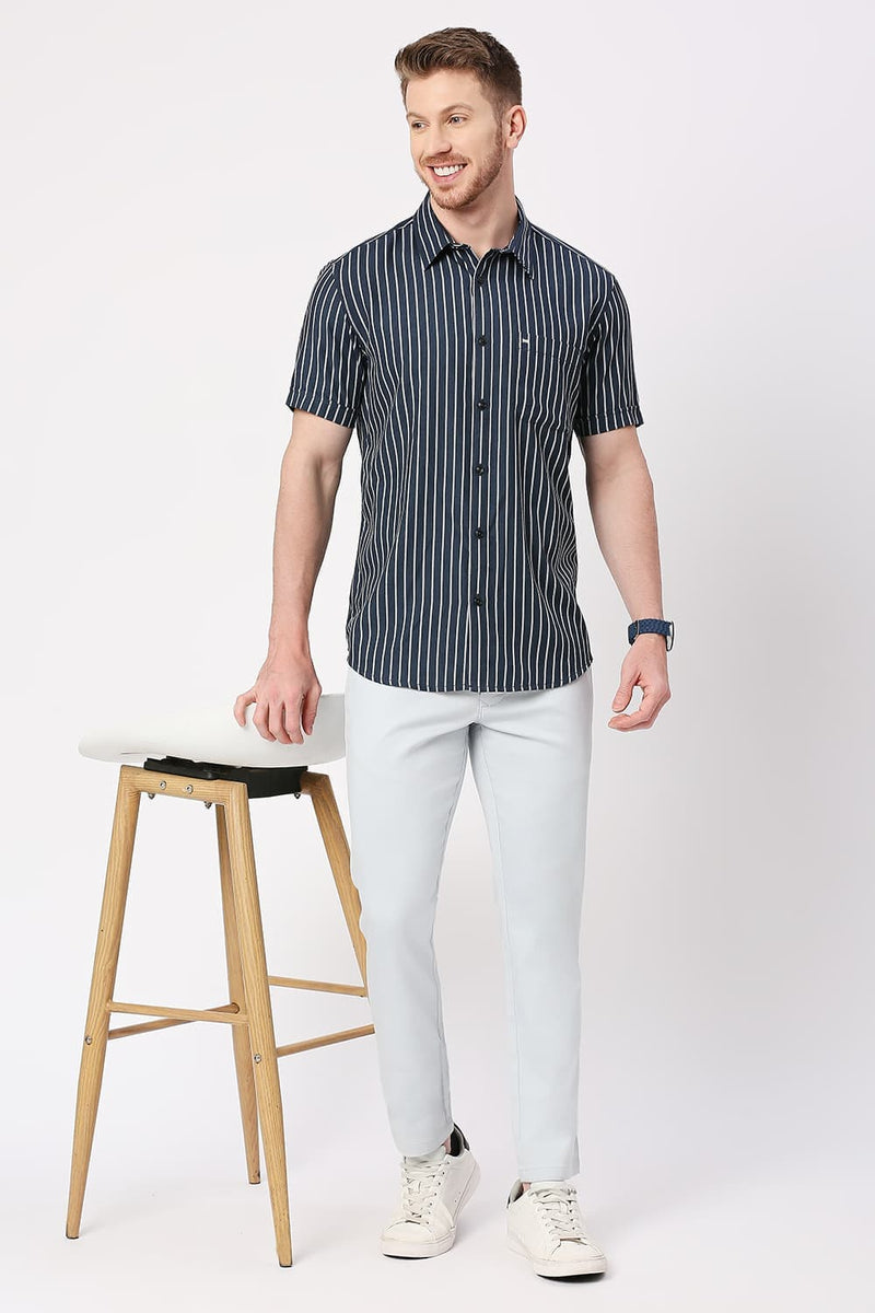 Slim Fit Polyester Viscose Stripe Halfsleeves Shirt