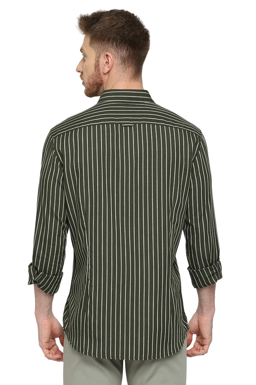 BASICS SLIM FIT CILANTRO GREEN POLYESTER VISCOSE MELANGE STRIPE SHIRT
