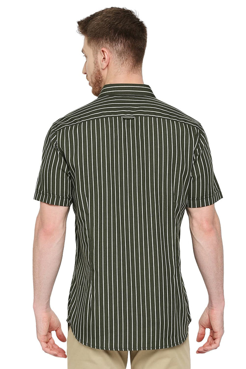 BASICS SLIM FIT POLYESTER VISCOSE STRIPE HALFSLEEVES SHIRT