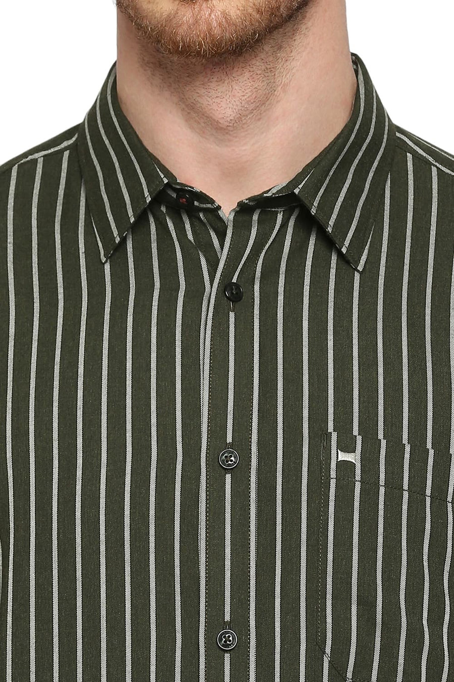 BASICS SLIM FIT CILANTRO GREEN POLYESTER VISCOSE MELANGE STRIPE SHIRT