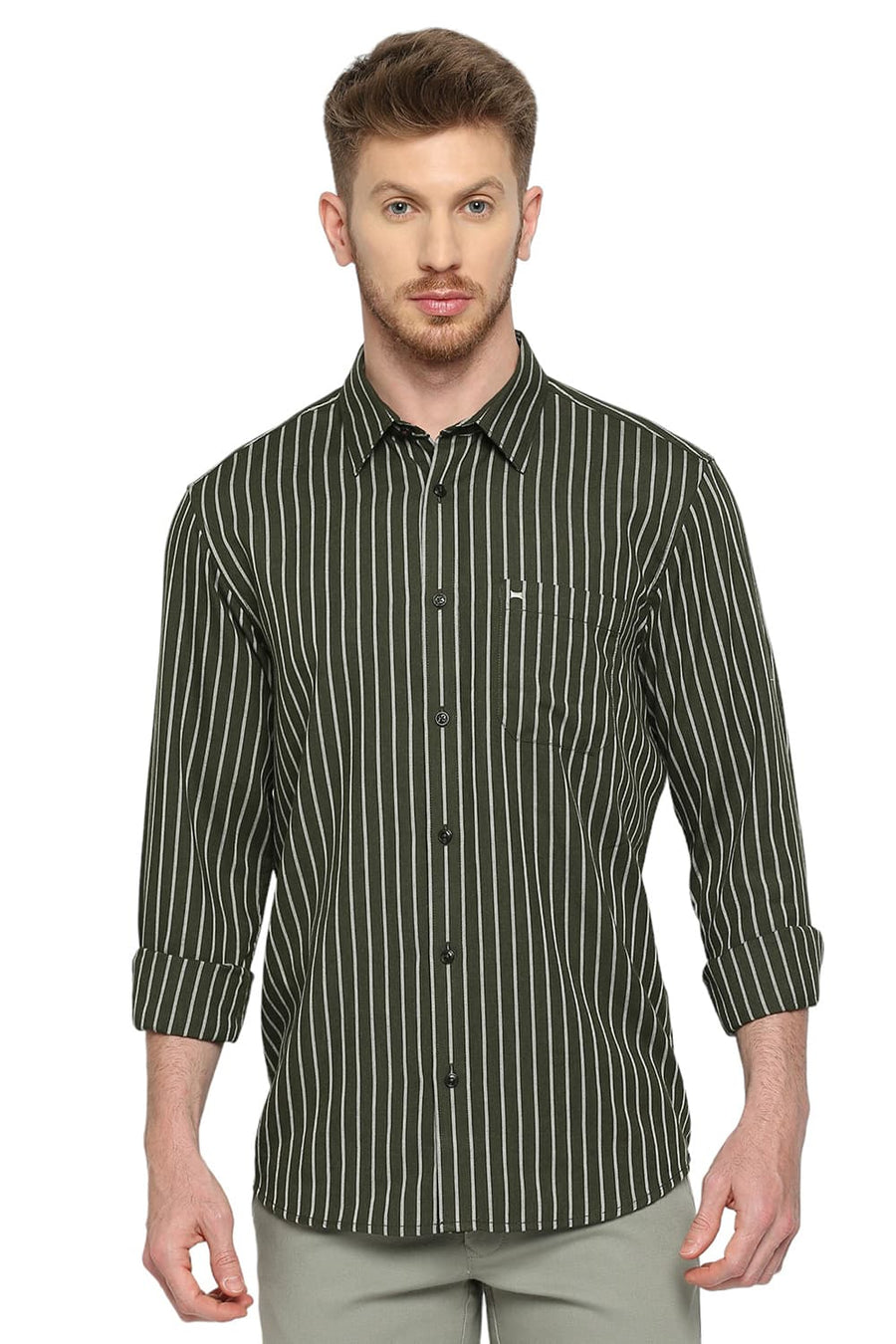 BASICS SLIM FIT CILANTRO GREEN POLYESTER VISCOSE MELANGE STRIPE SHIRT