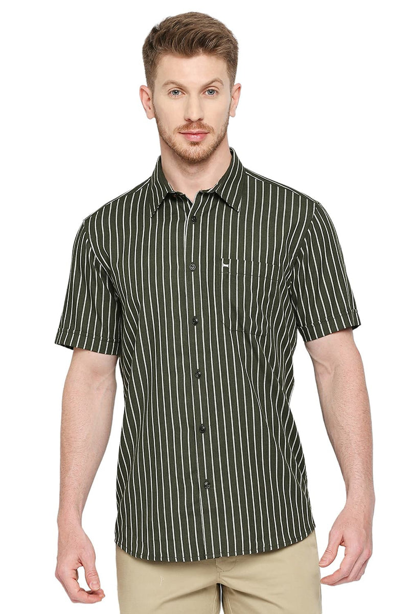 BASICS SLIM FIT POLYESTER VISCOSE STRIPE HALFSLEEVES SHIRT