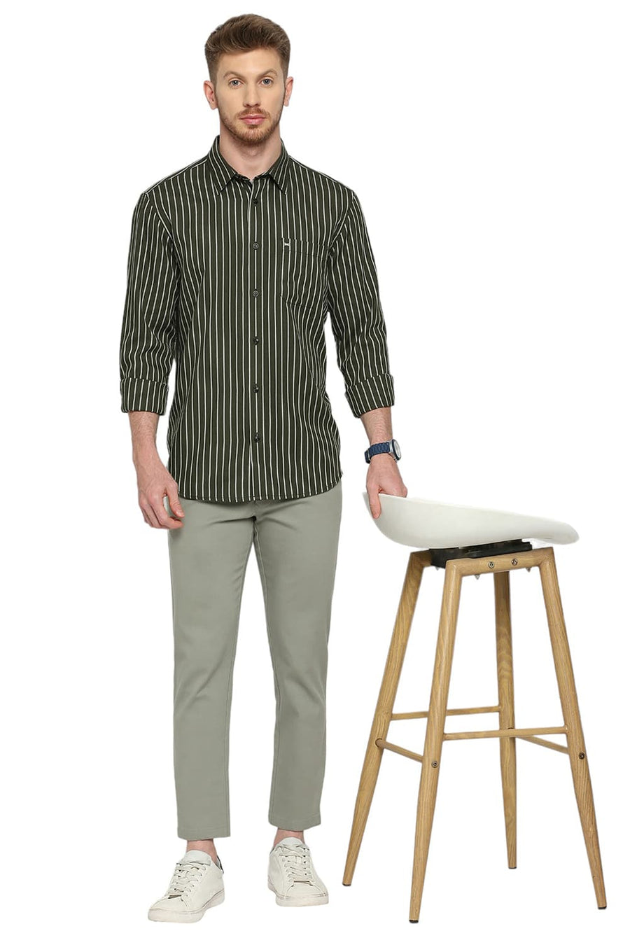 BASICS SLIM FIT CILANTRO GREEN POLYESTER VISCOSE MELANGE STRIPE SHIRT