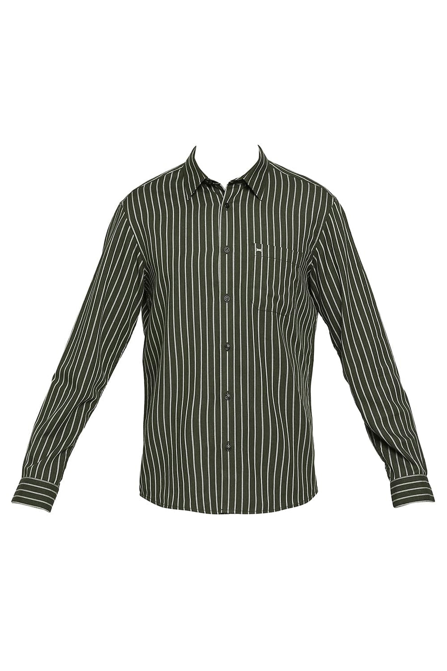 BASICS SLIM FIT CILANTRO GREEN POLYESTER VISCOSE MELANGE STRIPE SHIRT