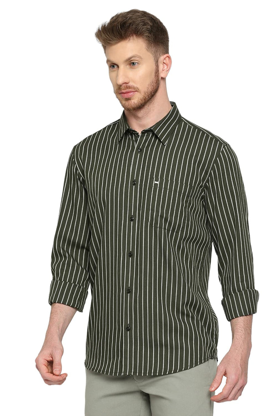 BASICS SLIM FIT CILANTRO GREEN POLYESTER VISCOSE MELANGE STRIPE SHIRT