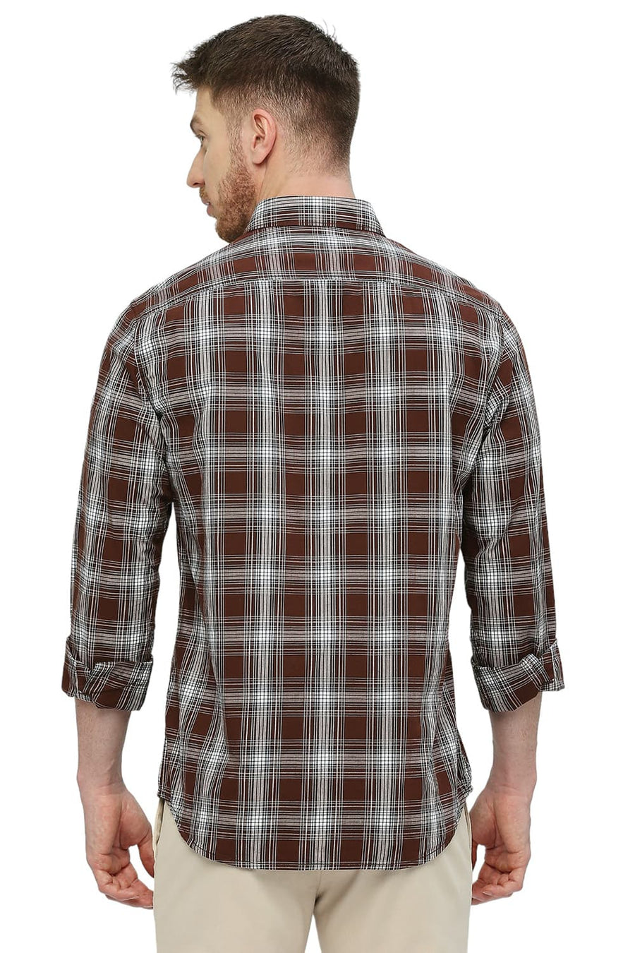BASICS SLIM FIT CINNAMON BROWN COTTON CHECKS SHIRT
