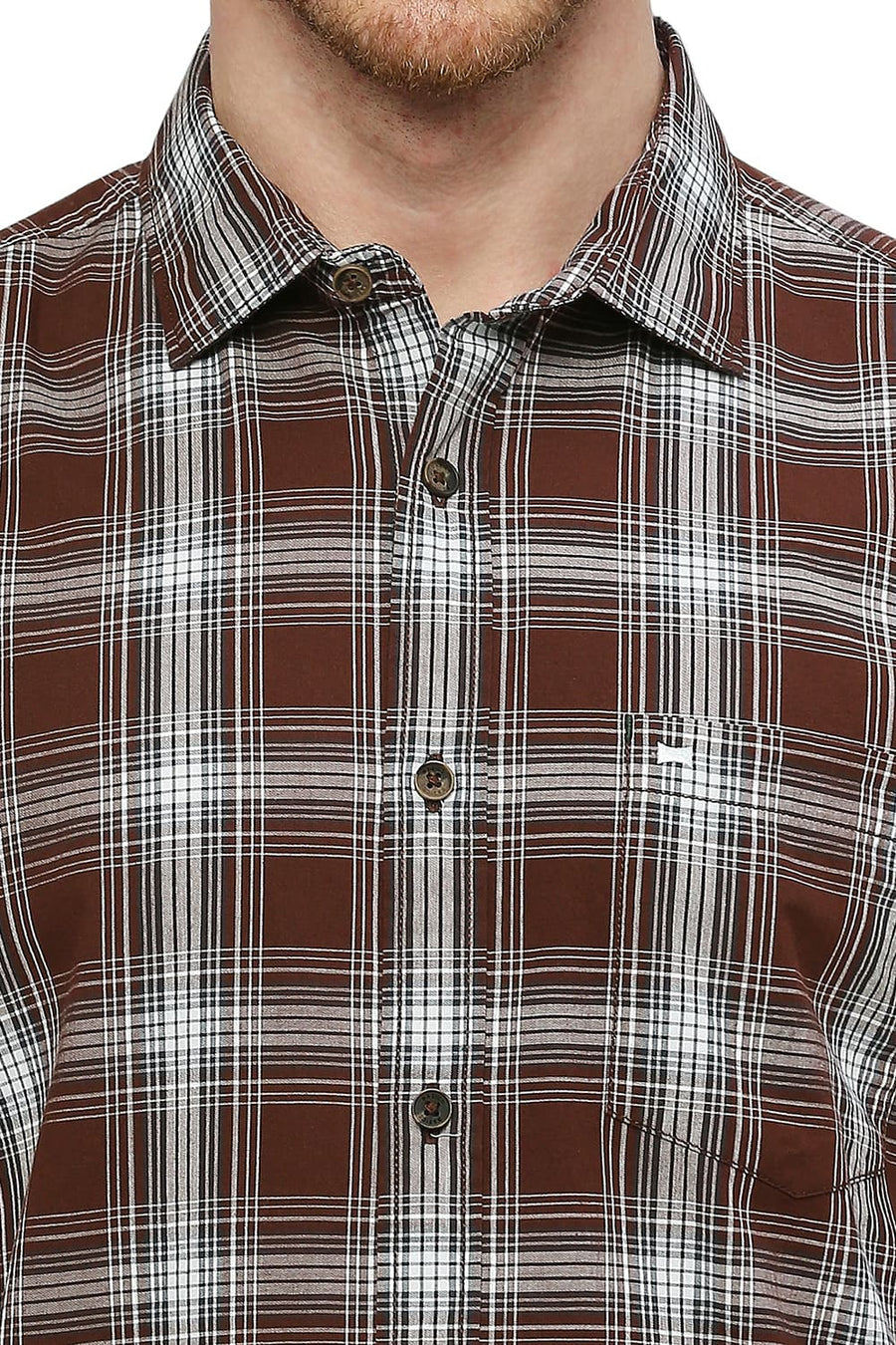 BASICS SLIM FIT CINNAMON BROWN COTTON CHECKS SHIRT