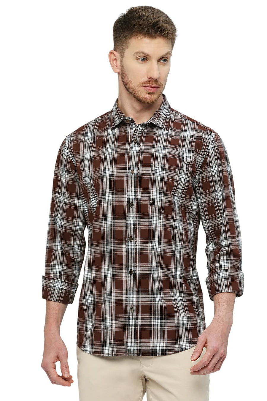 BASICS SLIM FIT CINNAMON BROWN COTTON CHECKS SHIRT