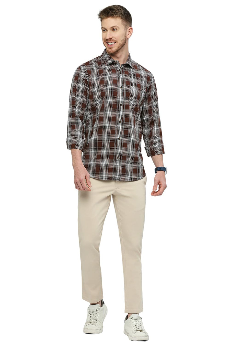 BASICS SLIM FIT CINNAMON BROWN COTTON CHECKS SHIRT