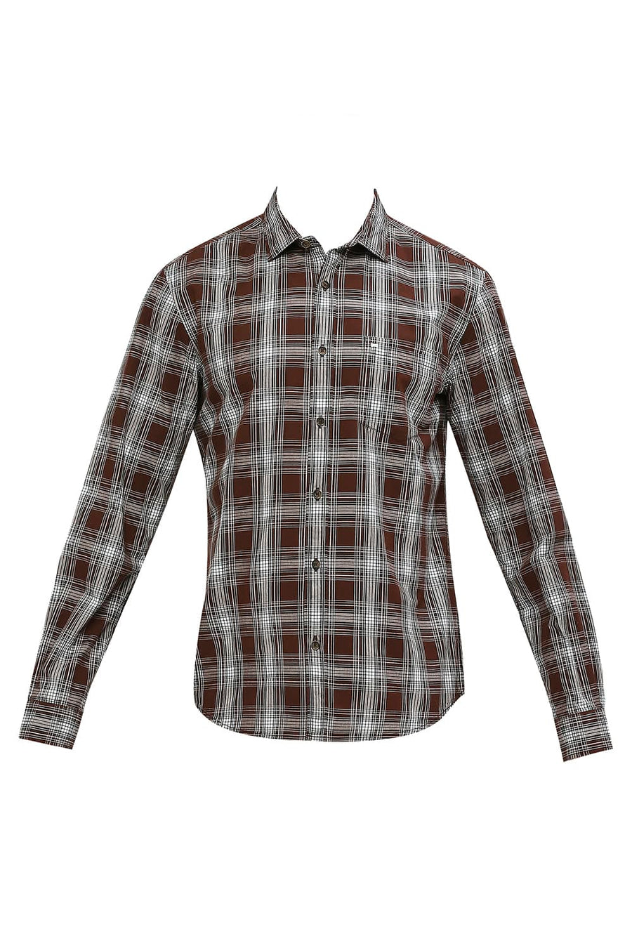 BASICS SLIM FIT CINNAMON BROWN COTTON CHECKS SHIRT