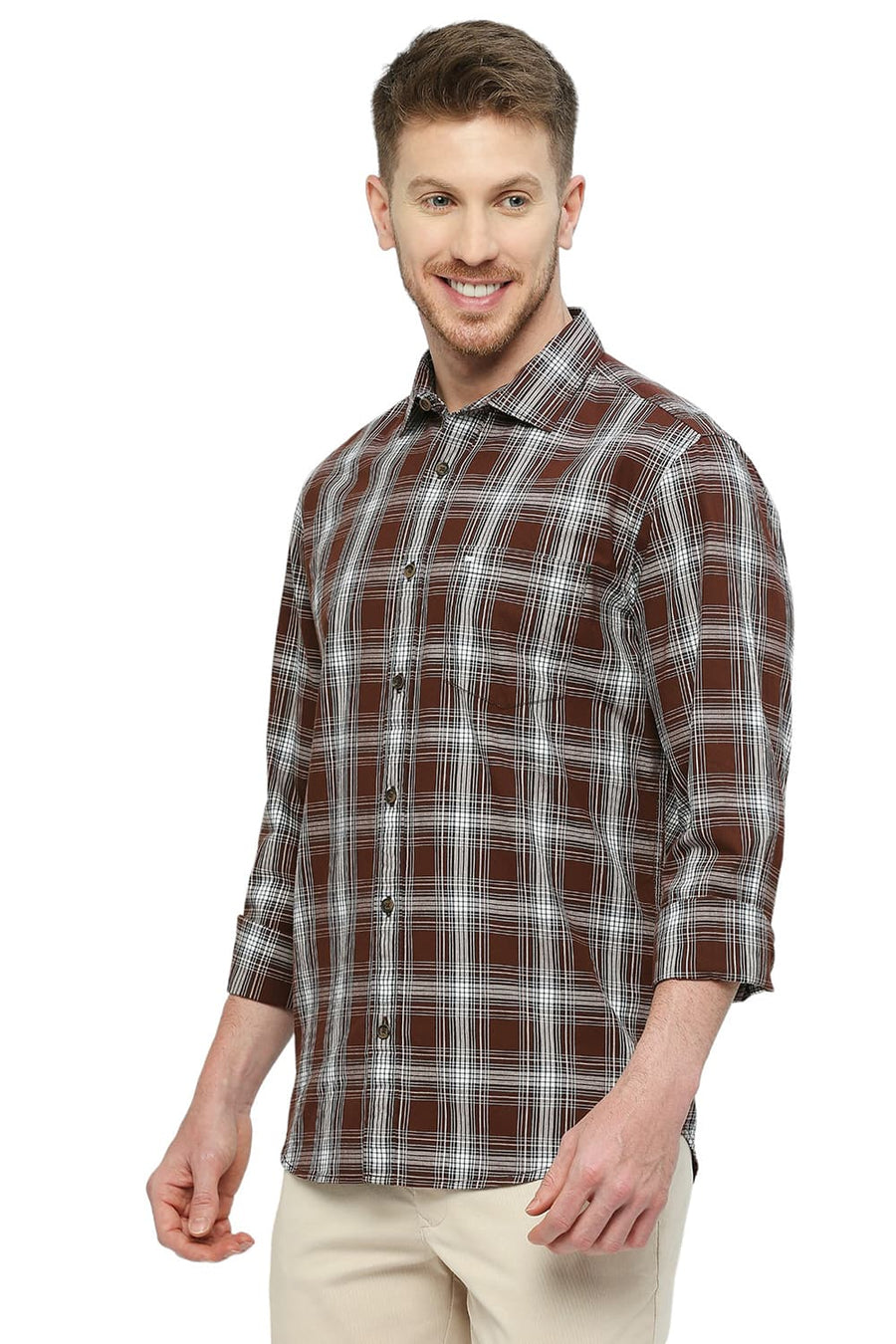 BASICS SLIM FIT CINNAMON BROWN COTTON CHECKS SHIRT