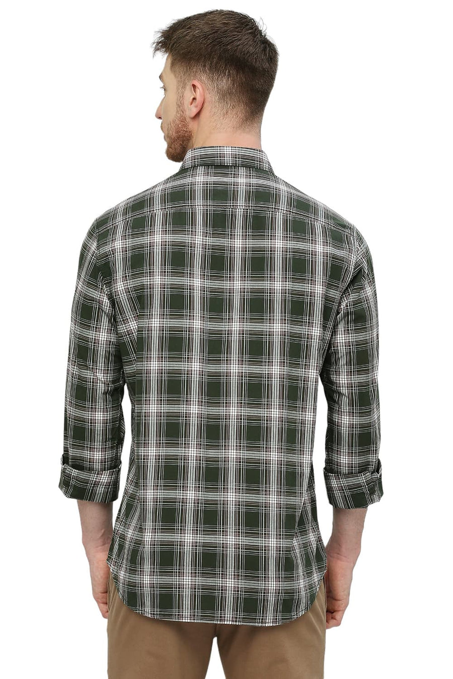 BASICS SLIM FIT RIFLE GREEN COTTON CHECKS SHIRT