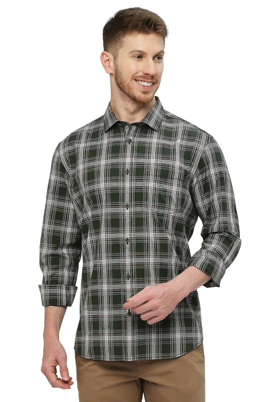 BASICS SLIM FIT RIFLE GREEN COTTON CHECKS SHIRT