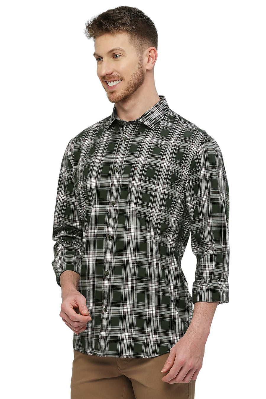 BASICS SLIM FIT RIFLE GREEN COTTON CHECKS SHIRT