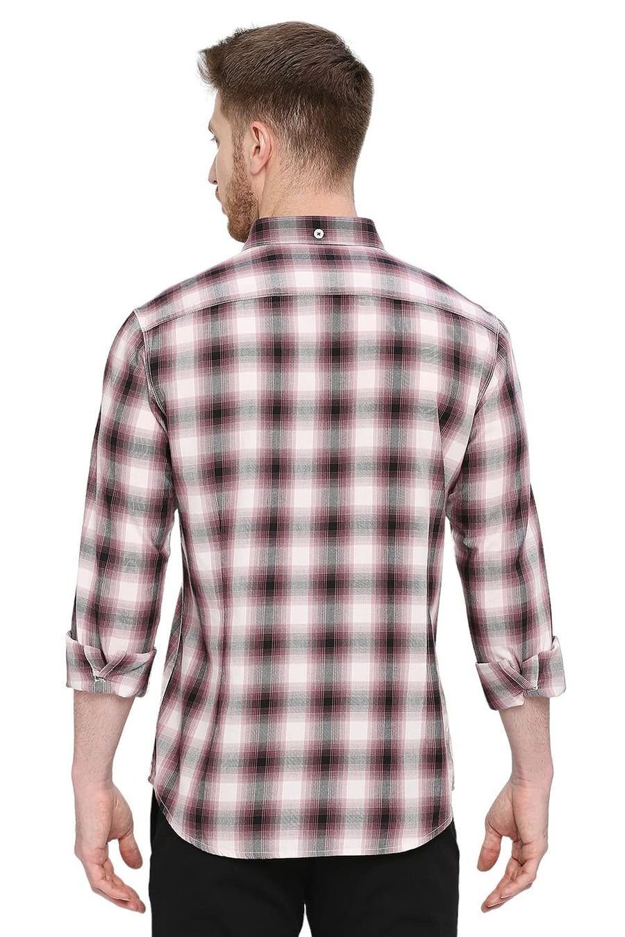 BASICS SLIM FIT GINGER WINE COTTON TWILL CHECKS SHIRT