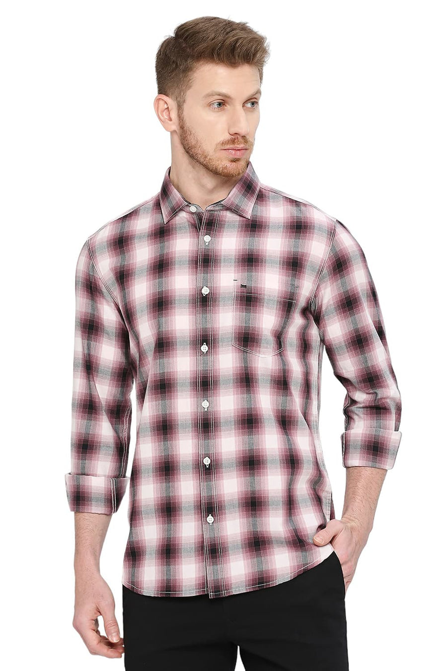 BASICS SLIM FIT GINGER WINE COTTON TWILL CHECKS SHIRT