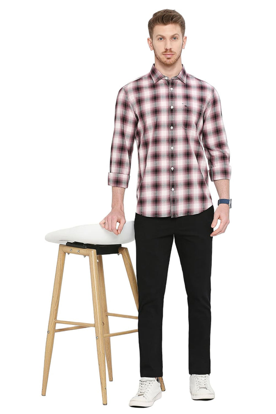 BASICS SLIM FIT GINGER WINE COTTON TWILL CHECKS SHIRT